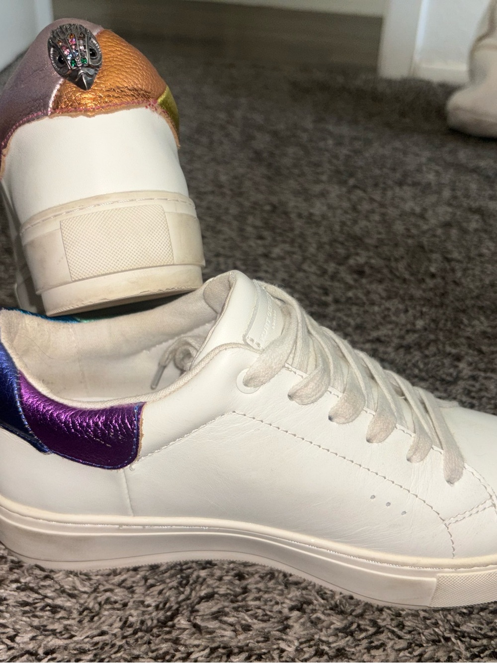 Kurt Geiger White Leather Sneakers with Iridescent Purple & Gold Heel